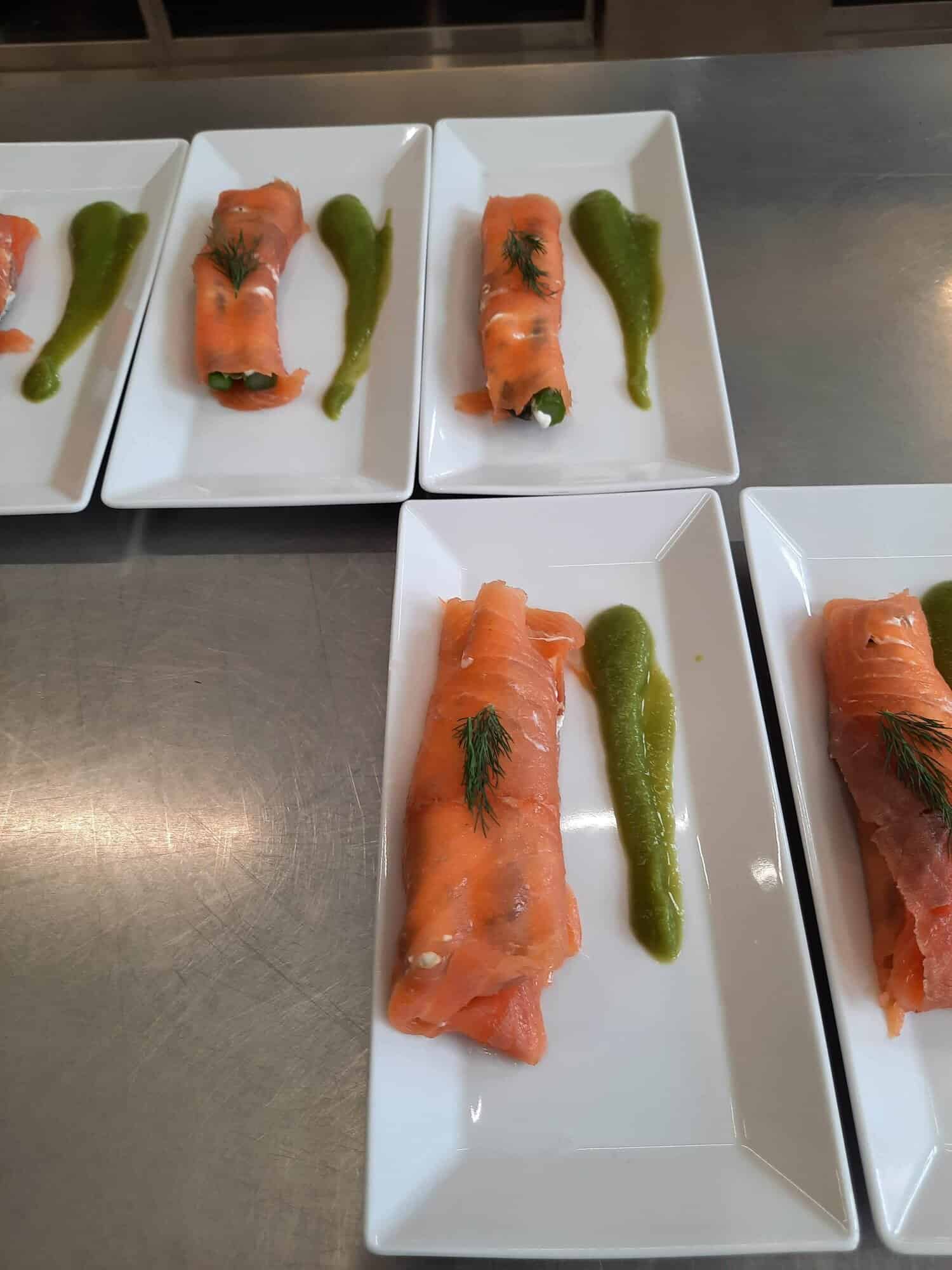 Roll up the salmon fillets tightly