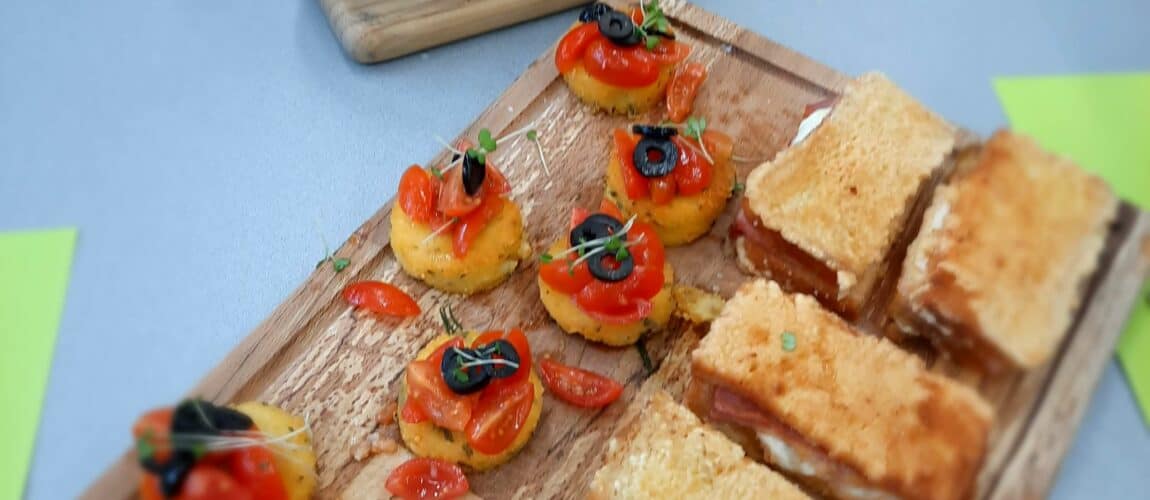 mozzarella in carrozza and polenta croutons with cherry tomatoes